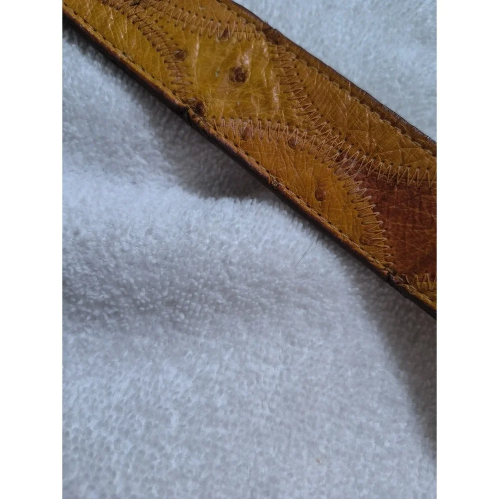 Justin Genuine Ostrich Belt Sz 38 Embroidered Adjustable Belt Brown Aztec Buckle